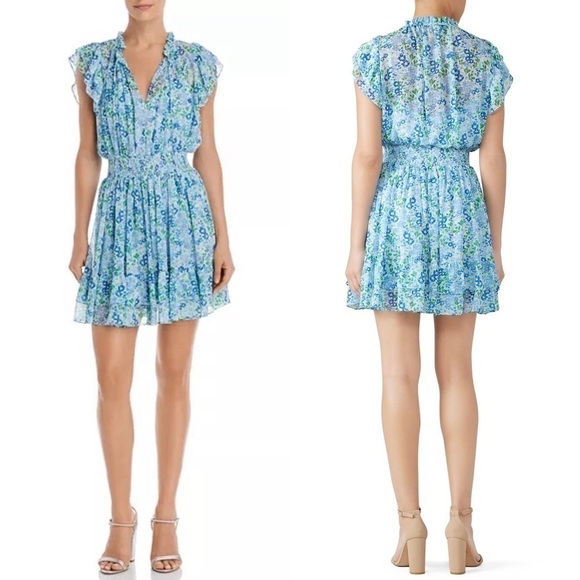 SHOSHANNA Floral Chiffon Smocked Waist Flutter Sleeve V-Neck Ruffle Mini Dress 8 - Picture 3 of 6